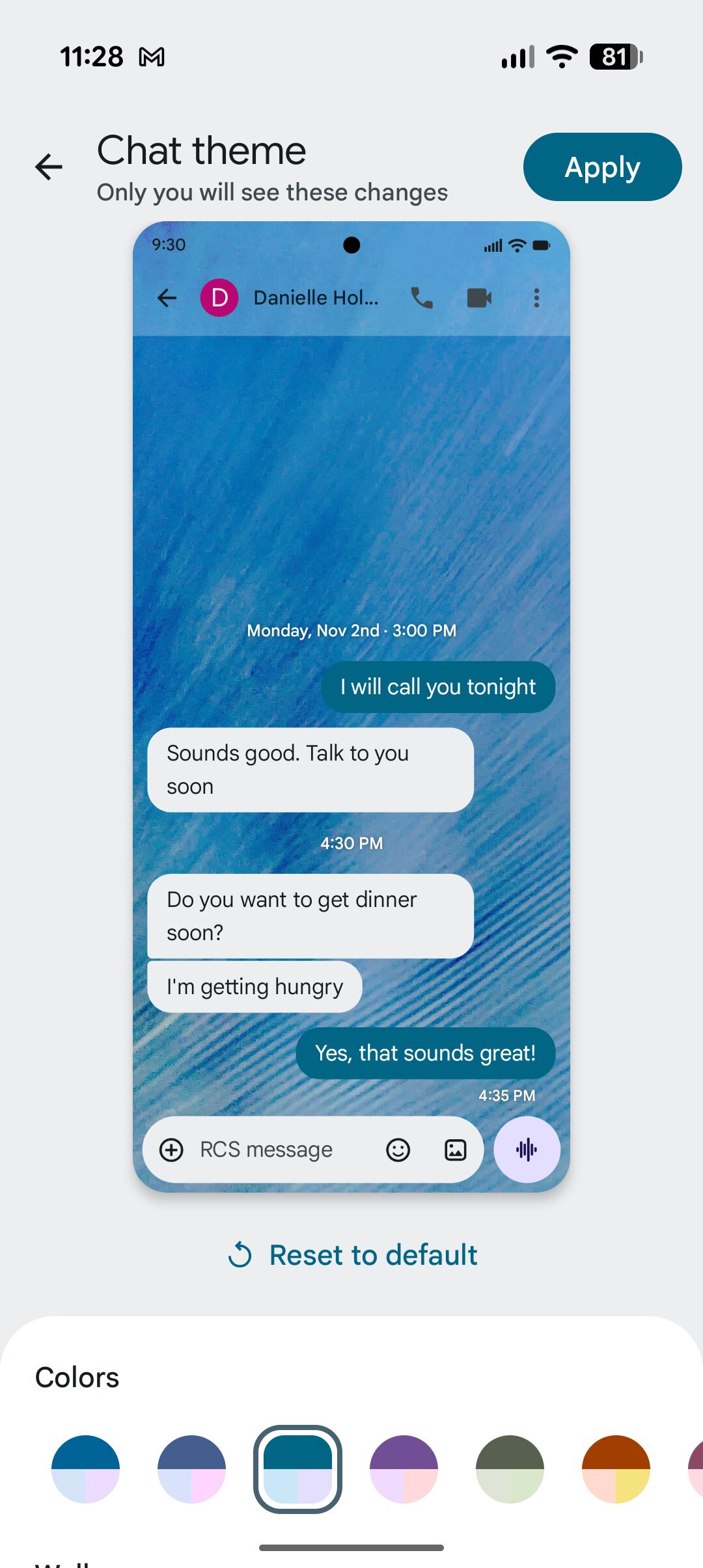 Screenshot of a custom chat theme in Google Messages.