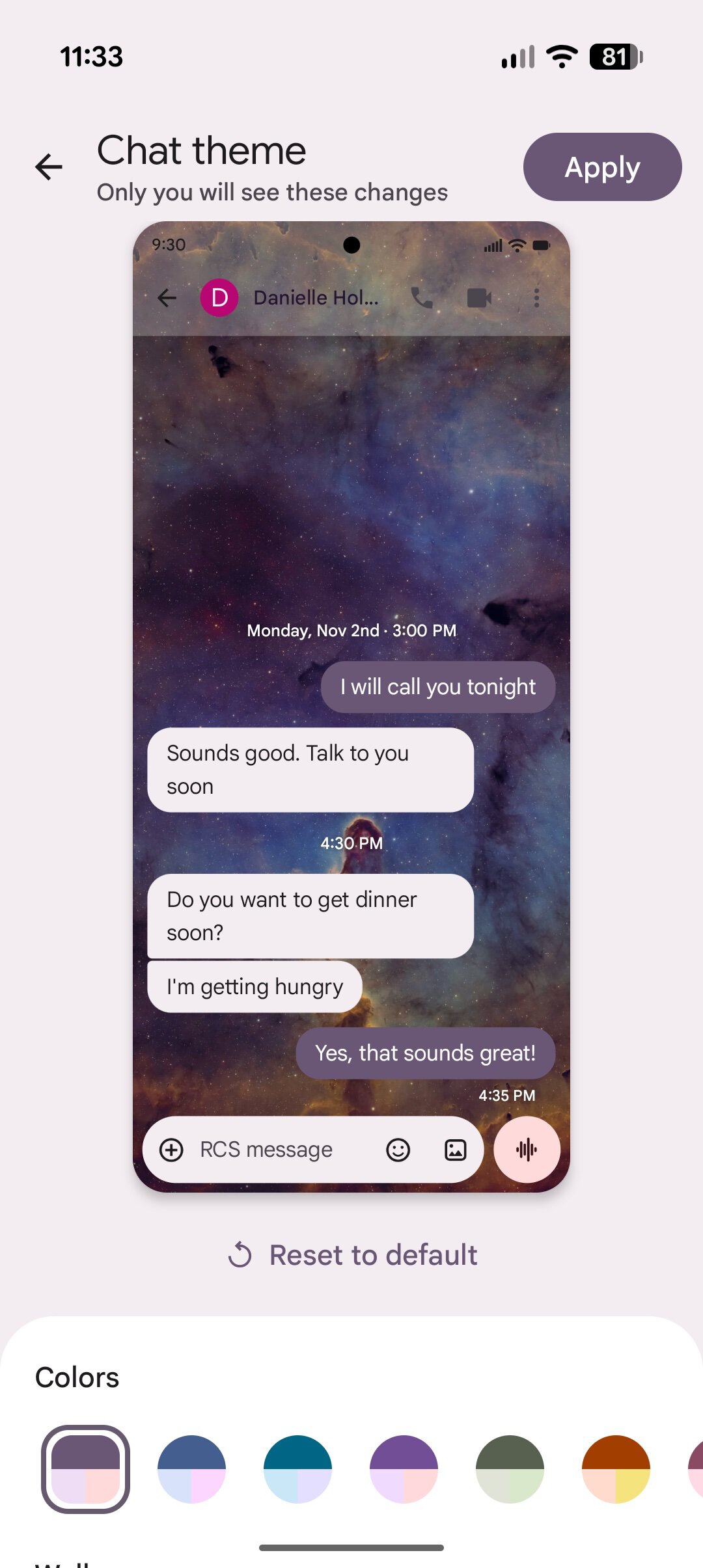 Screenshot of a custom chat theme in Google Messages.