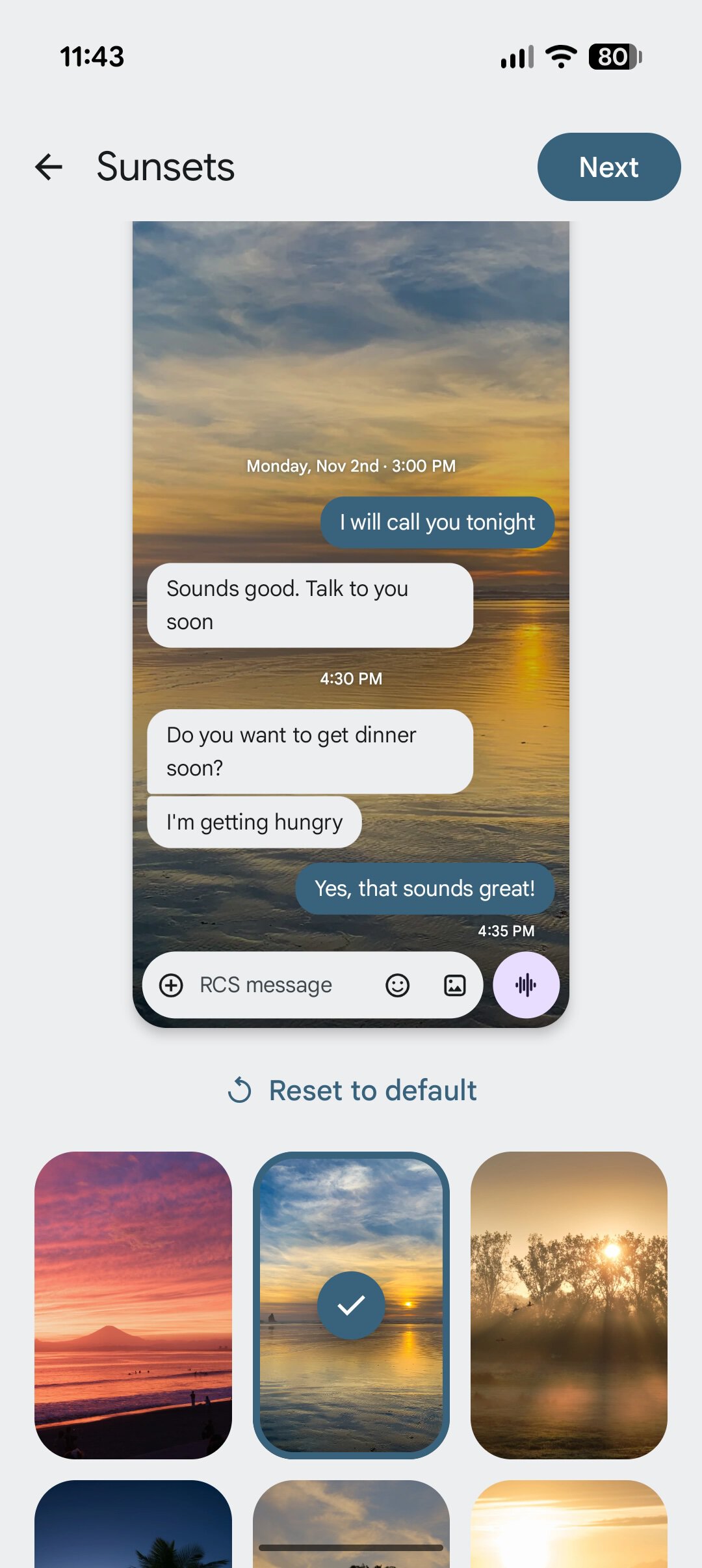 Screenshot of a custom chat theme in Google Messages.