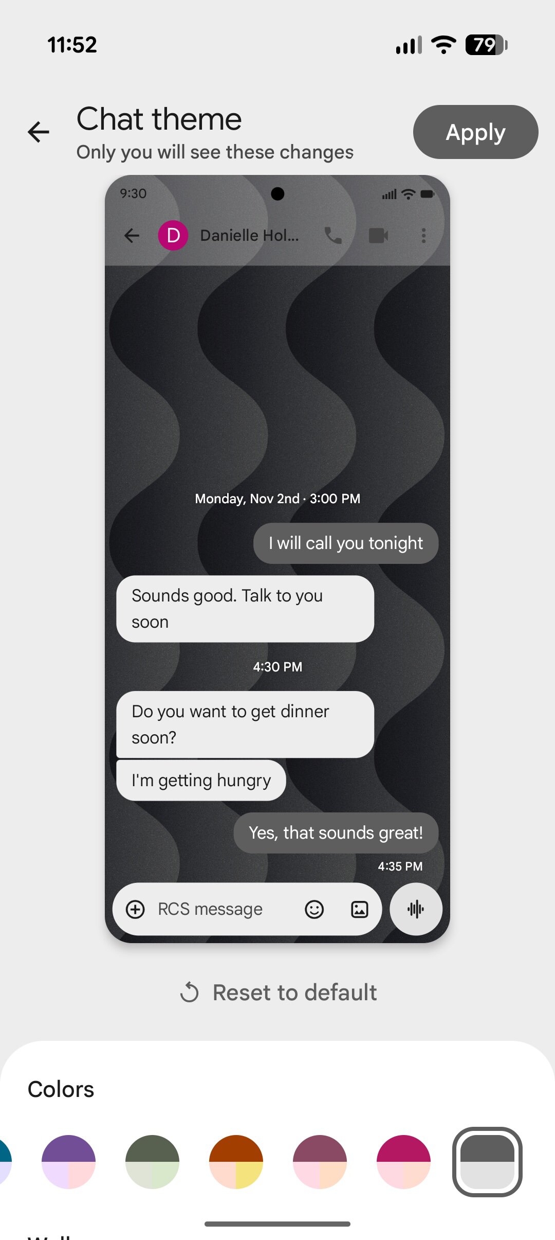 Screenshot of a custom chat theme in Google Messages.