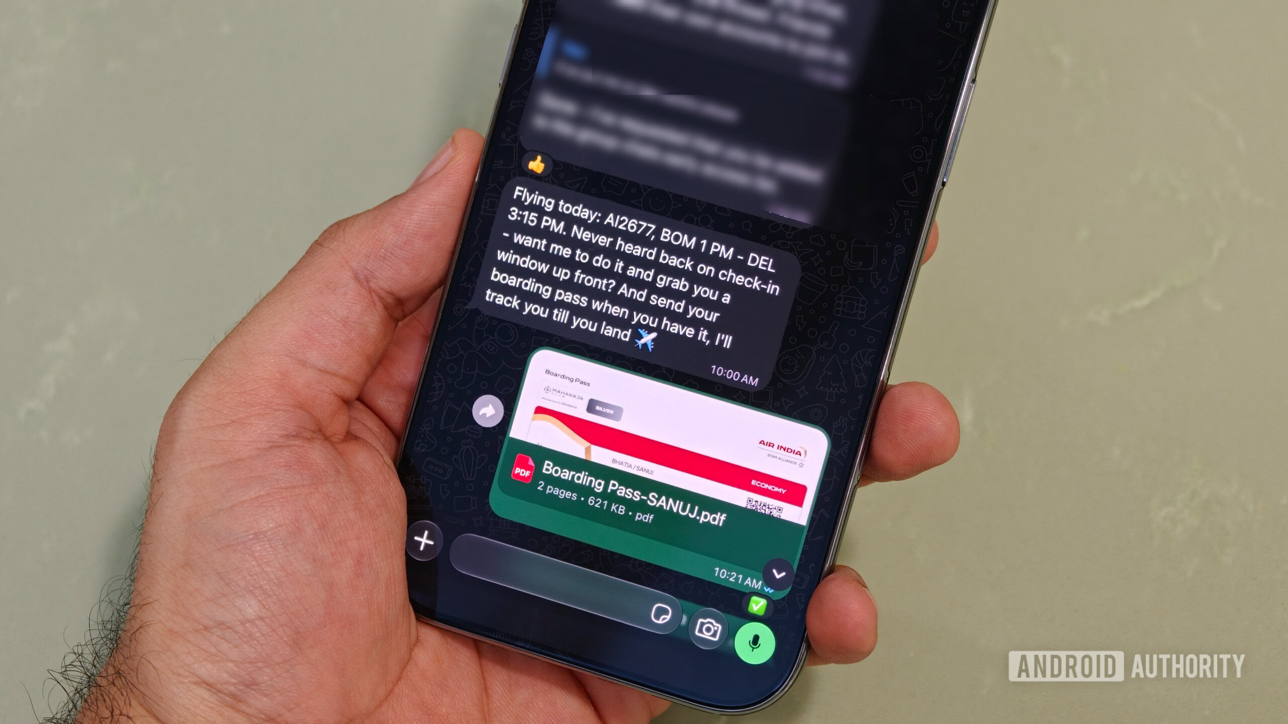 WhatsApp chat interface displaying an automated flight update and boarding pass document preview sent via Instinct