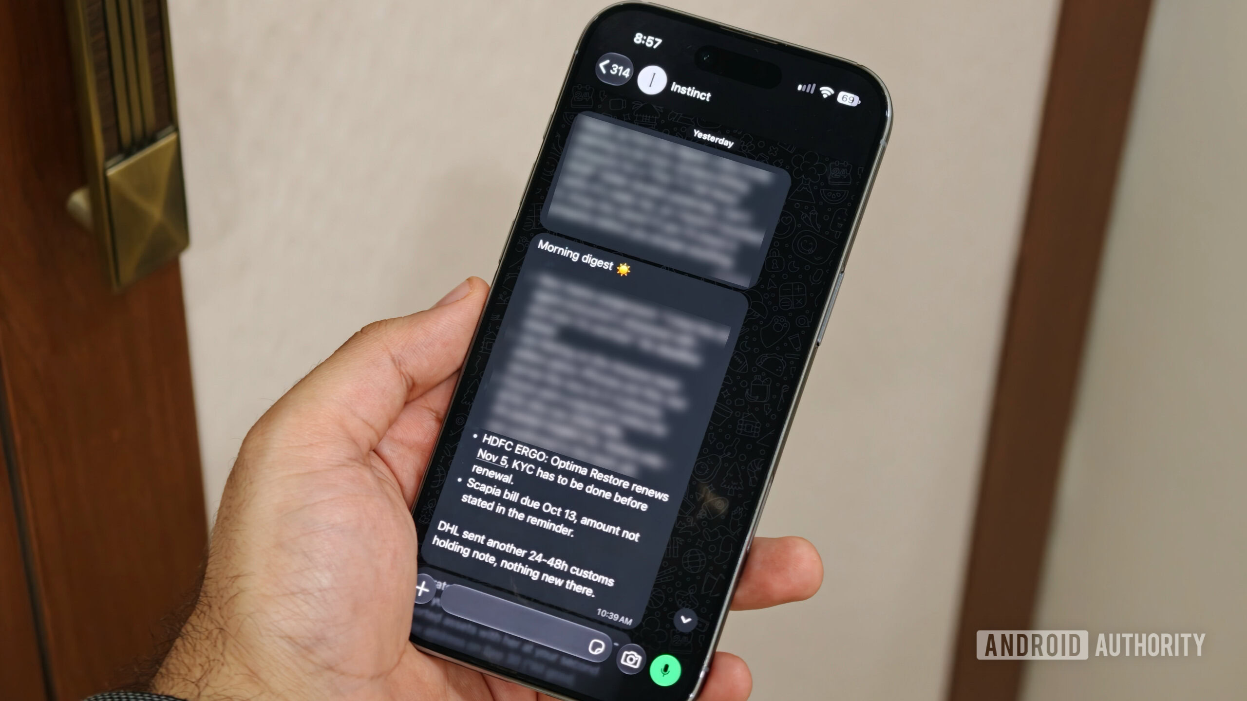 WhatsApp chat showing Instinct's daily morning digest with summaries for insurance renewal, bill due dates, and shipment tracking