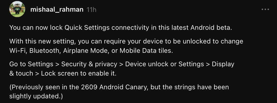 mishaal rahman threads post android 17 qpr 3 beta 2 quick settings lock screen