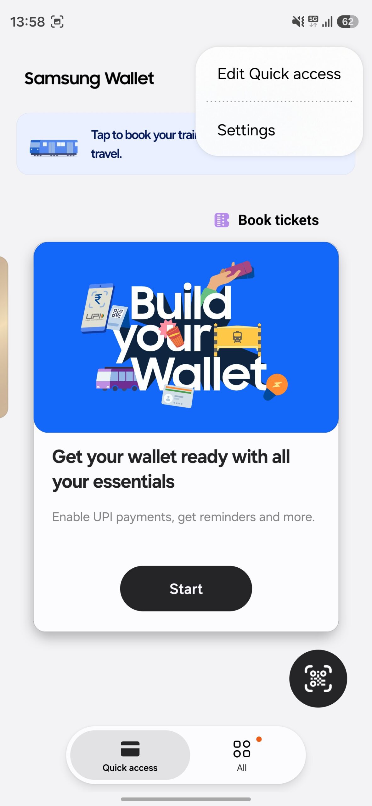 Three-dot menu options in Samsung Wallet app.