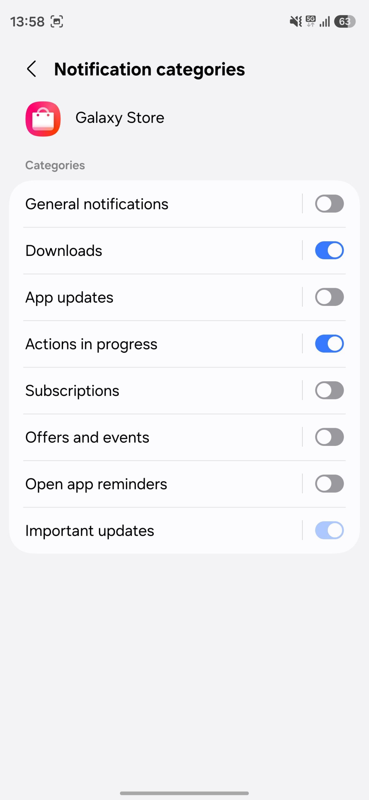 Galaxy Store app notification categories page with most notification categories turned off.