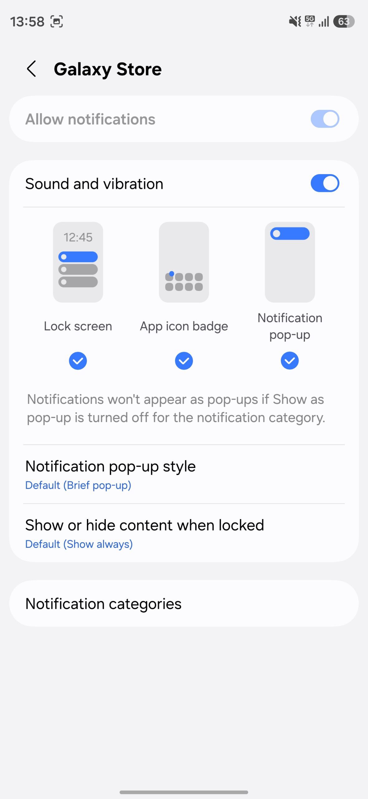 Galaxy Store notification options.