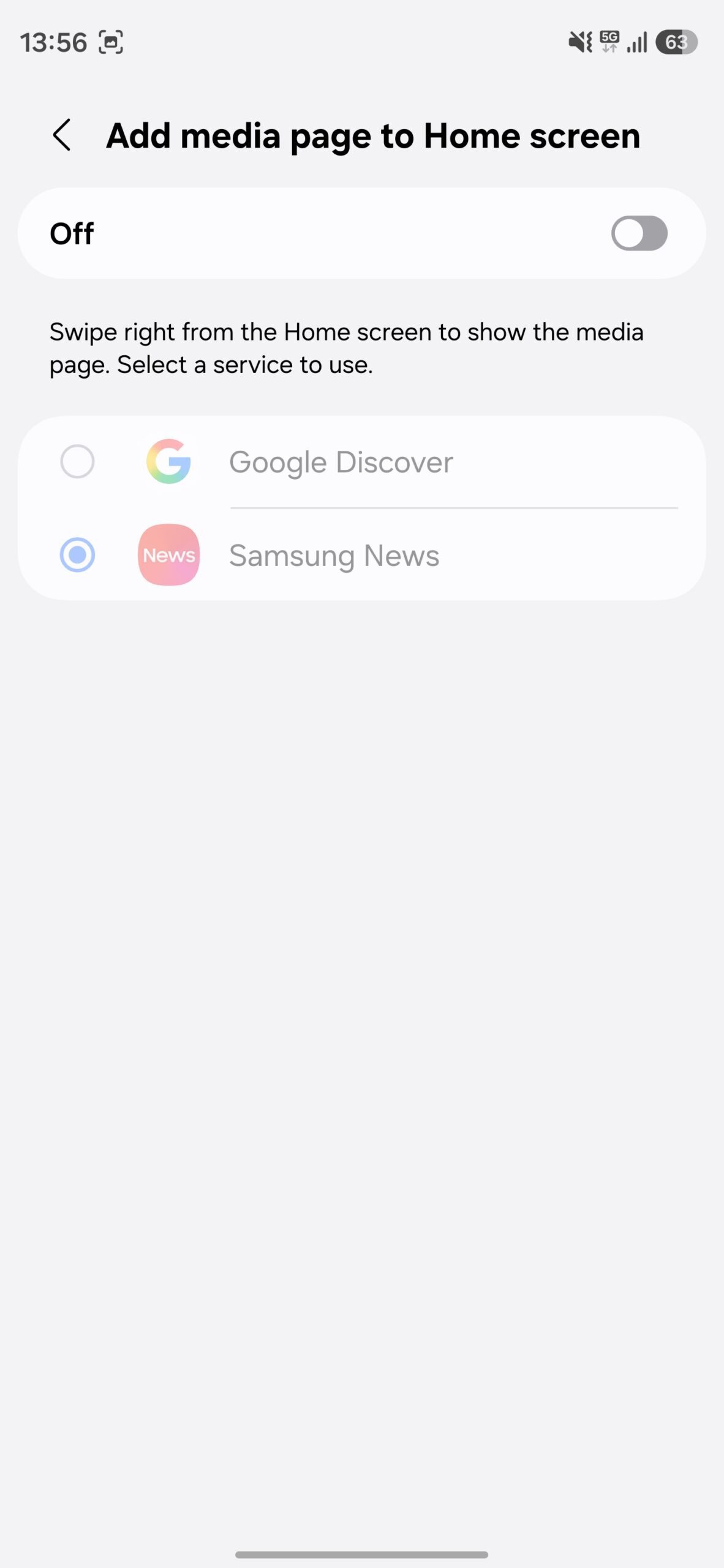 Add media page to Home Screen settings page disabled.