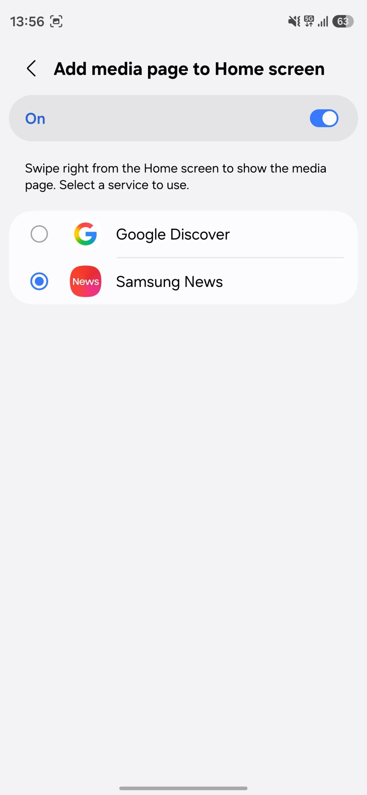 Add media page to Home Screen settings page configured to show Samsung News.