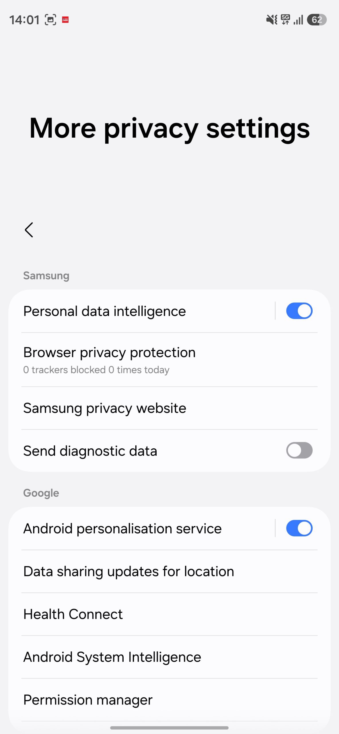More privacy settings page with Personal data intelligence toggle on.