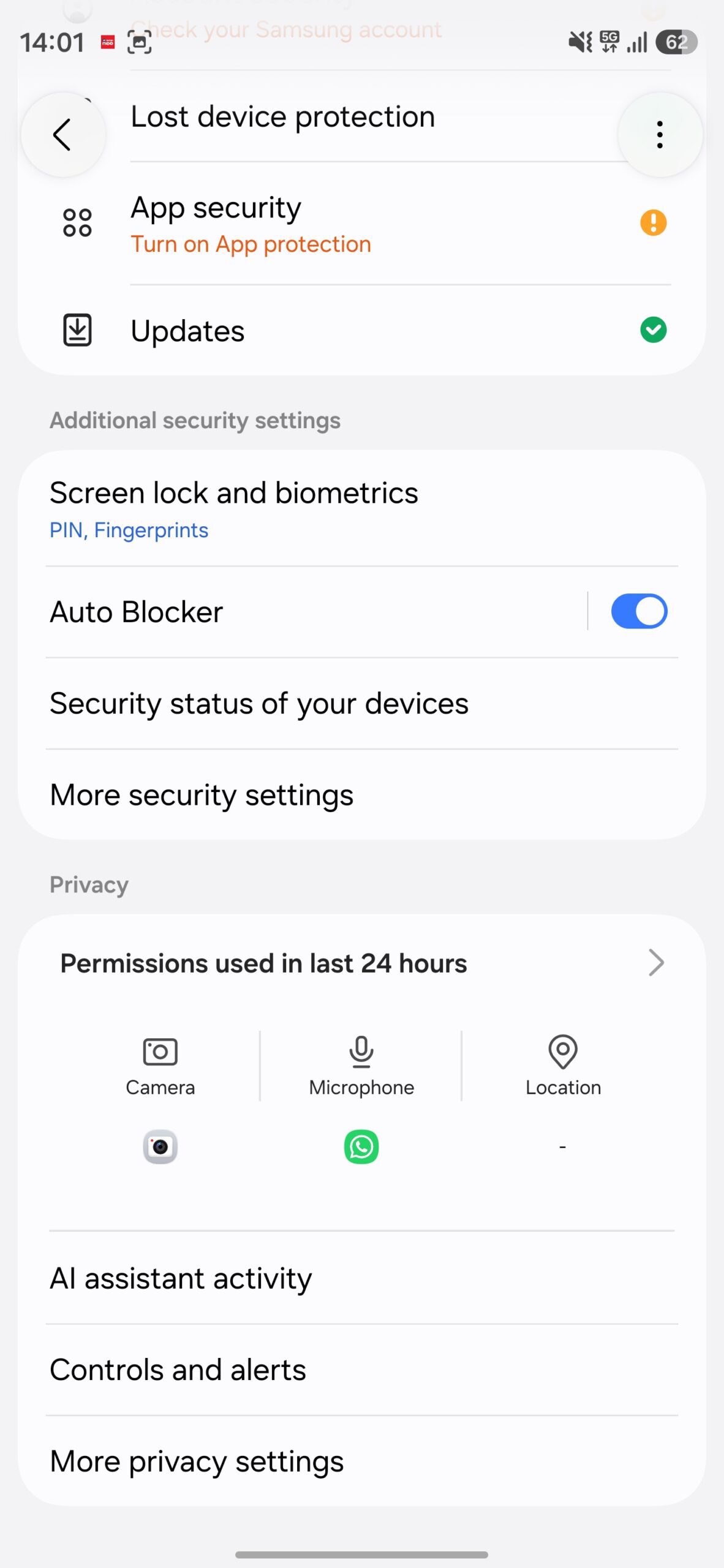 Privacy settings page on a Galaxy phone.