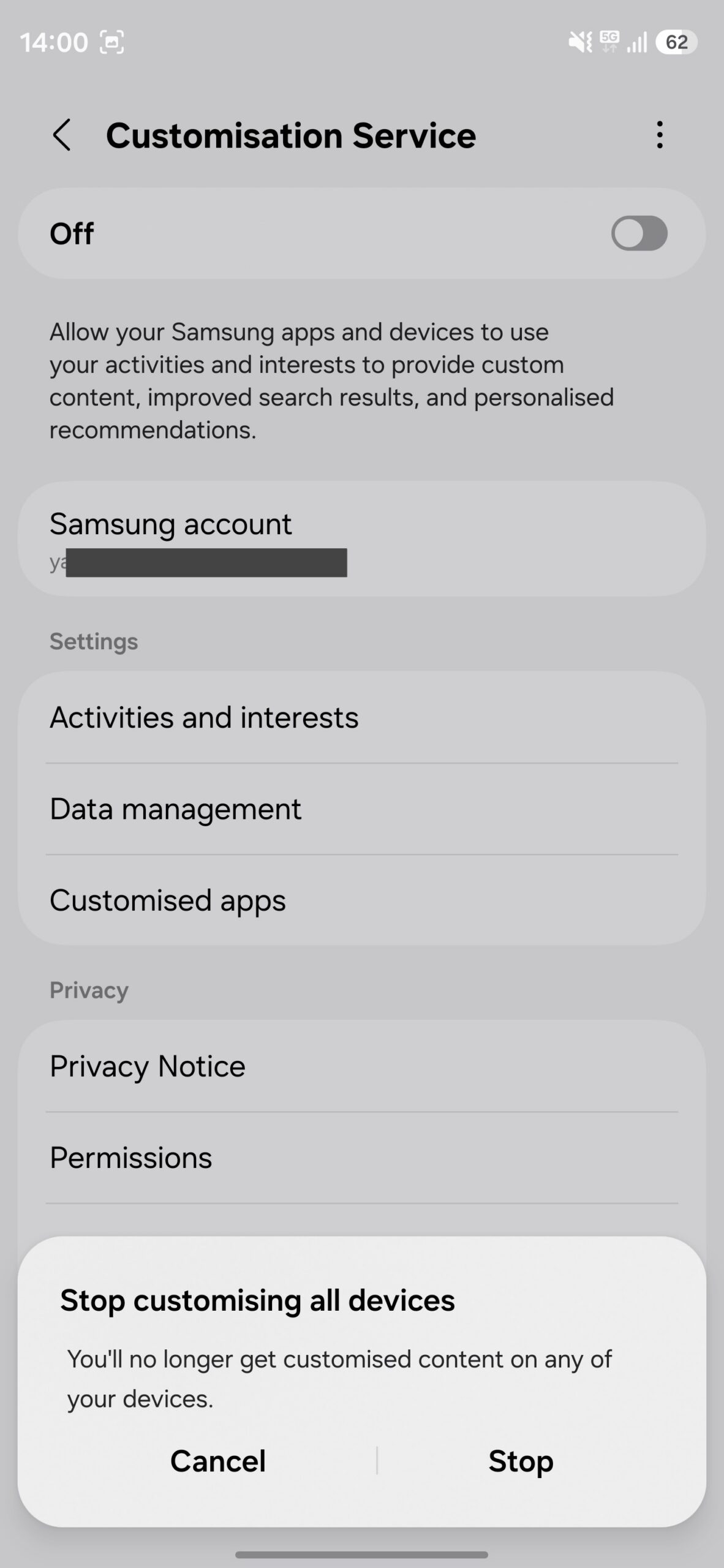Disabling Prompt to confirm disabling Customization service on a Galaxy phone.