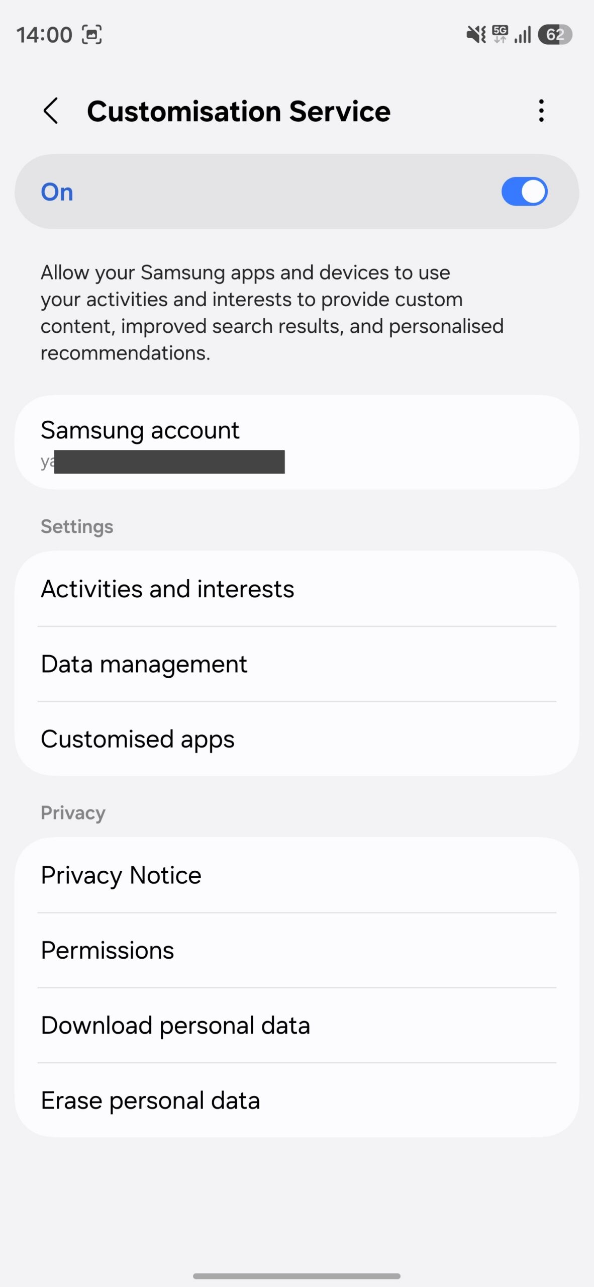 Customization service settings page.
