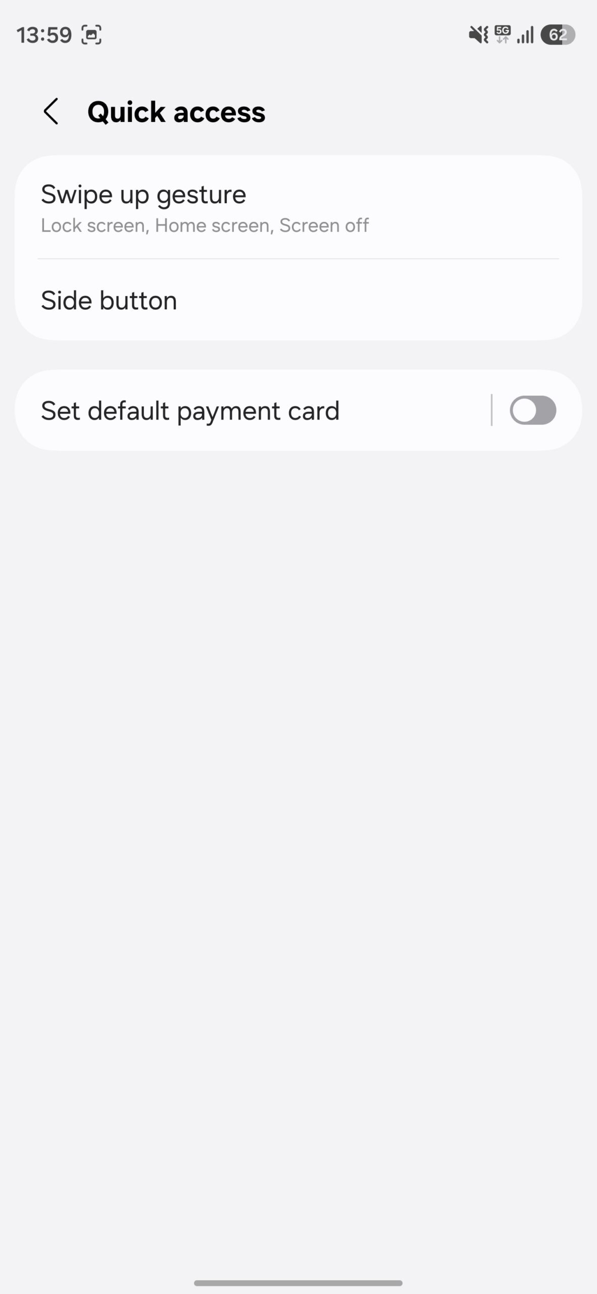 Samsung Wallet quick access settings.