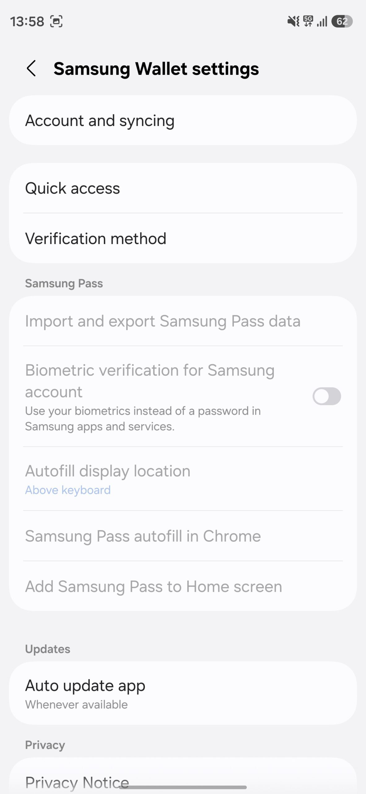 Samsung Wallet settings page.