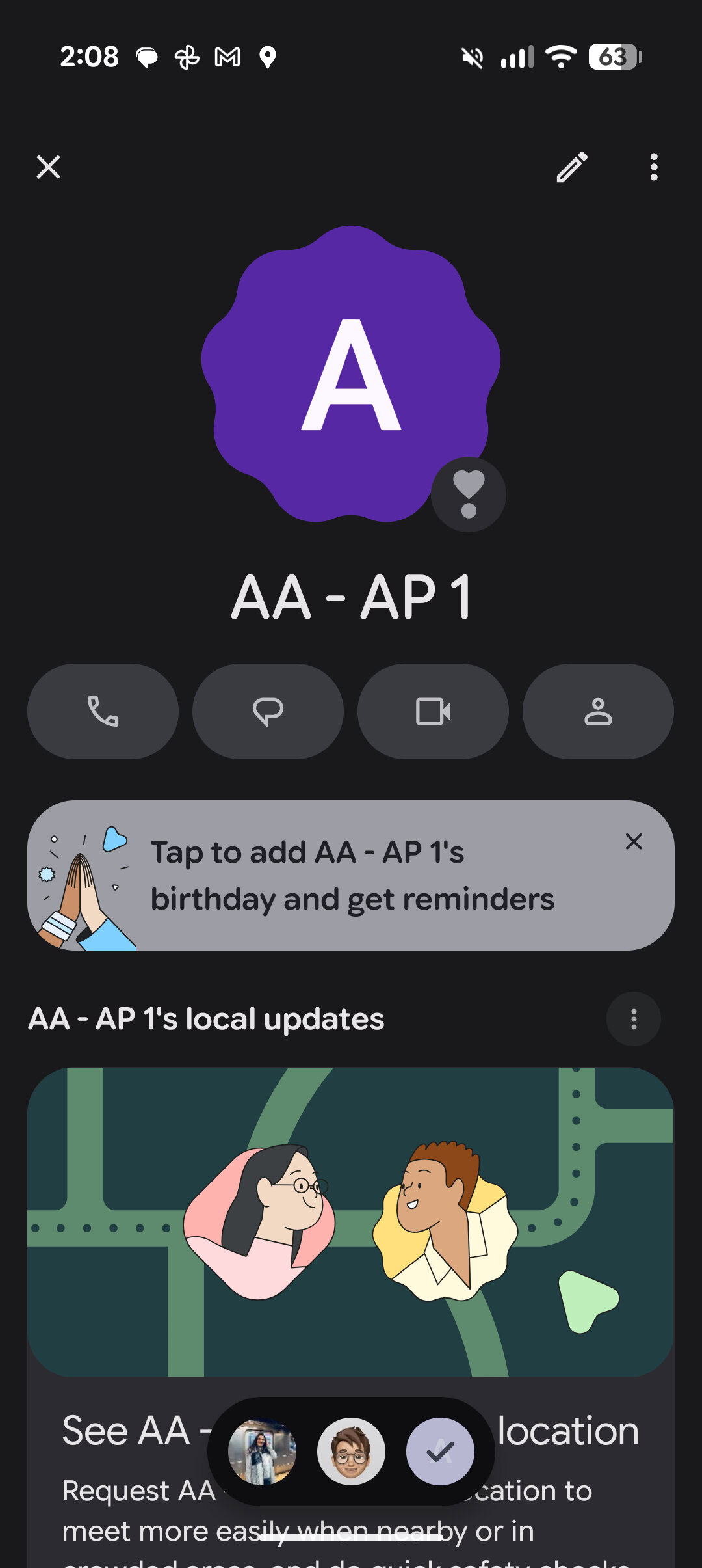 Detailed contact view in the Android VIPs widget setup, showing quick communication options, a birthday reminder prompt, and local updates