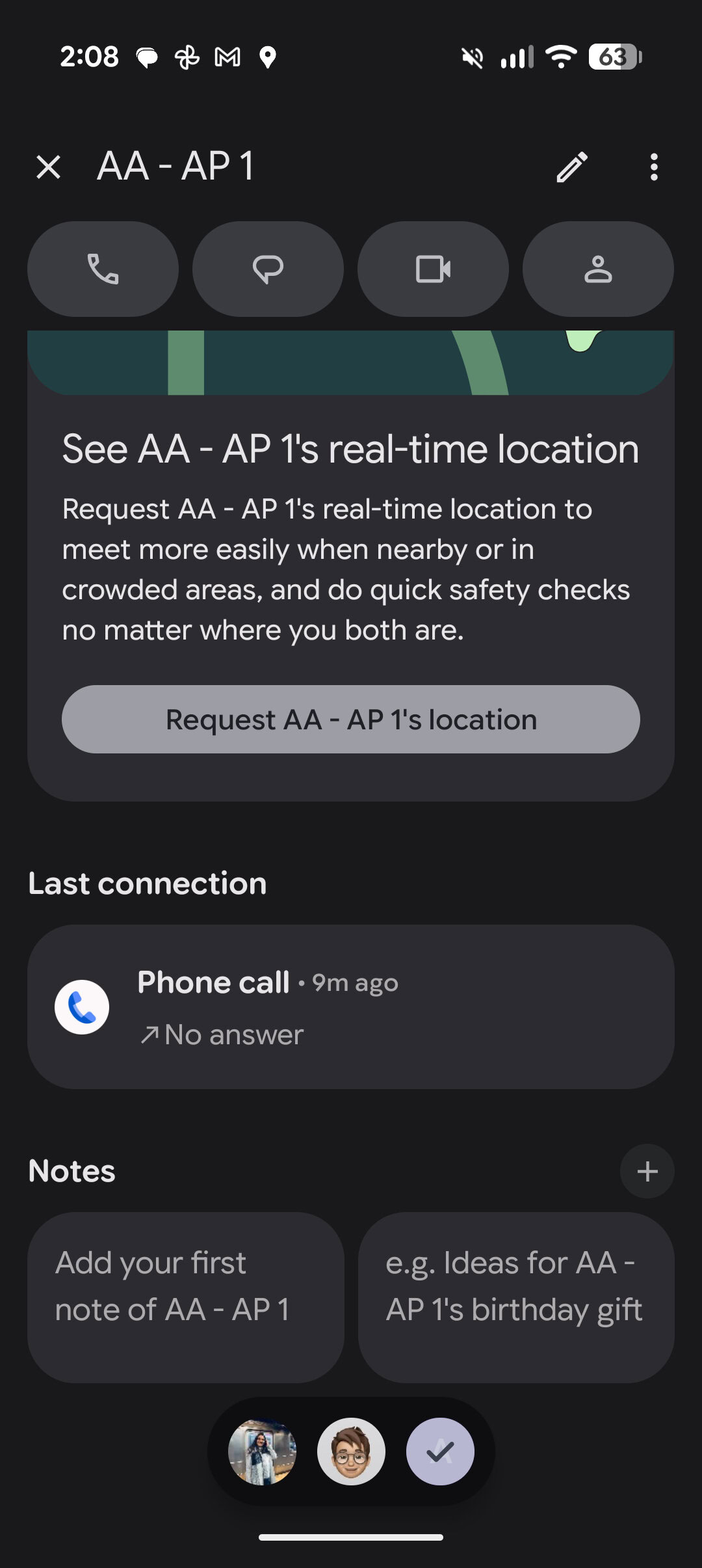 Contact details screen showing real-time location sharing request options, call history, and notes