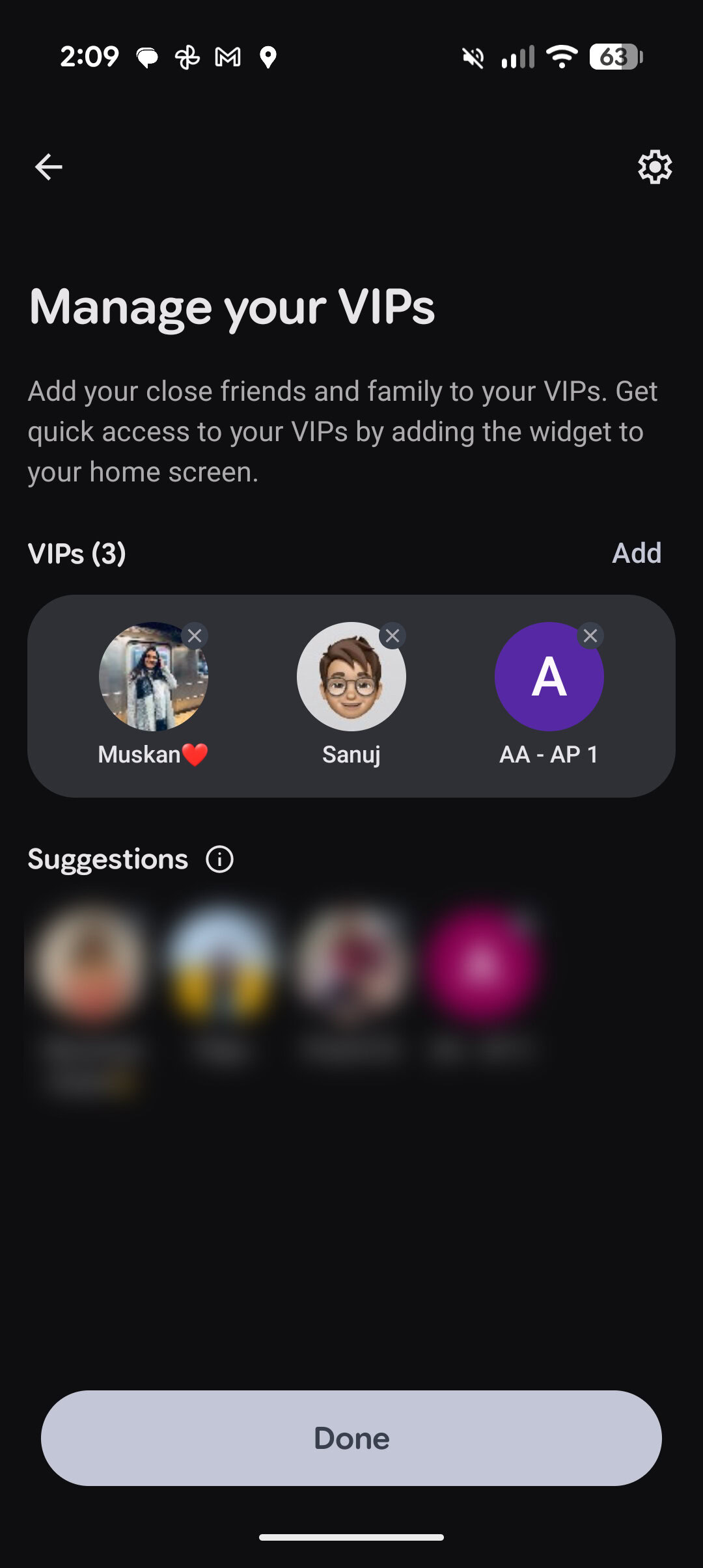 Manage your VIPs menu on Android displaying selected contacts and suggested close contacts