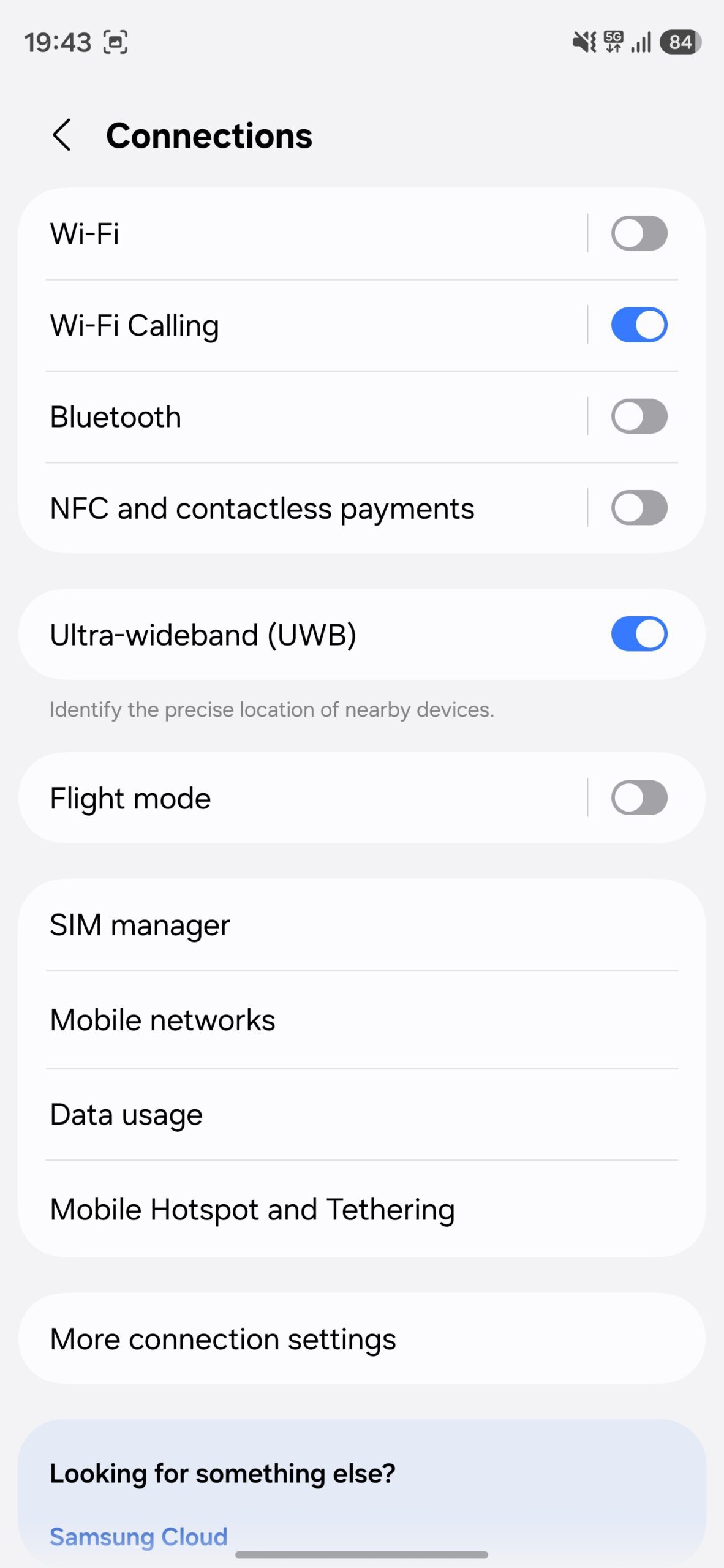 Connections page in Samsung Settings.
