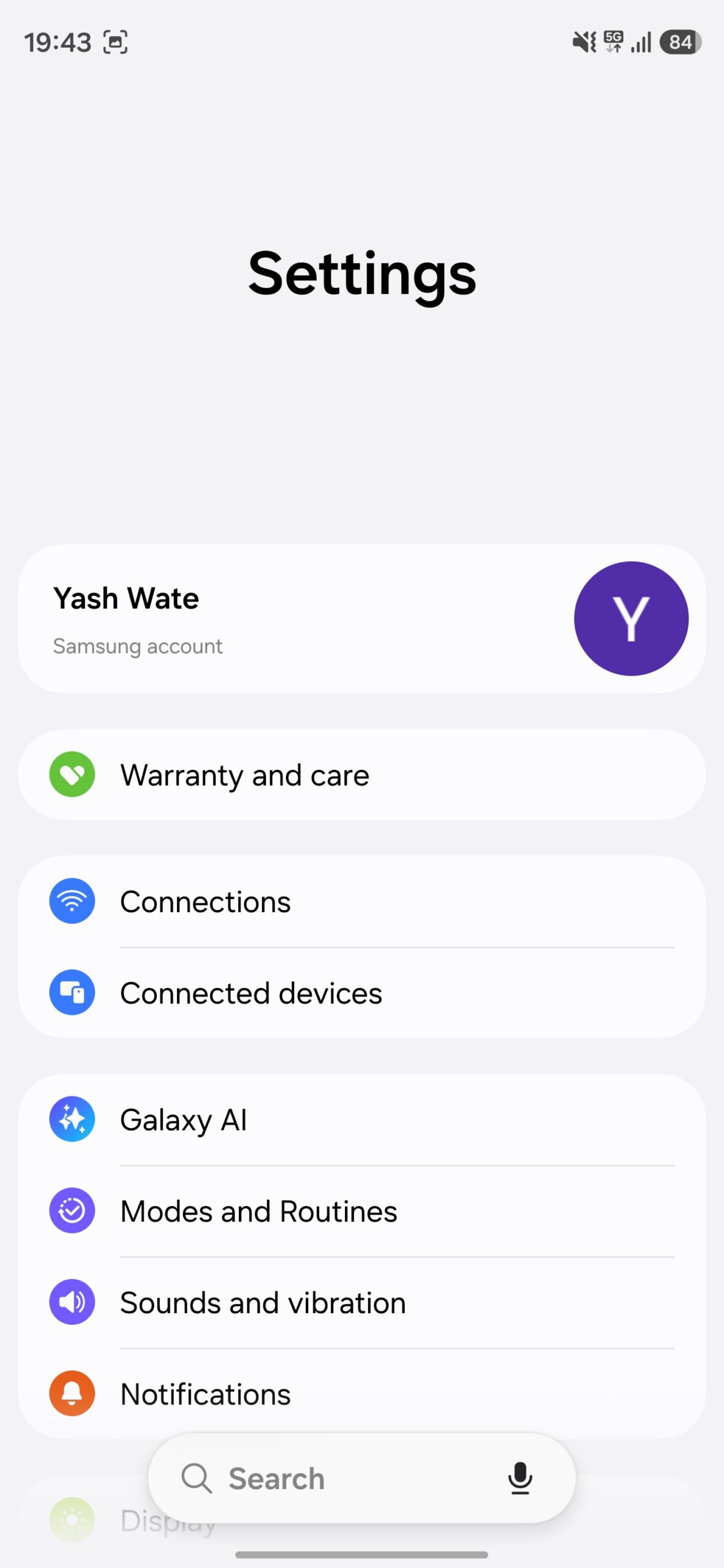 Settings page on a Galaxy phone.