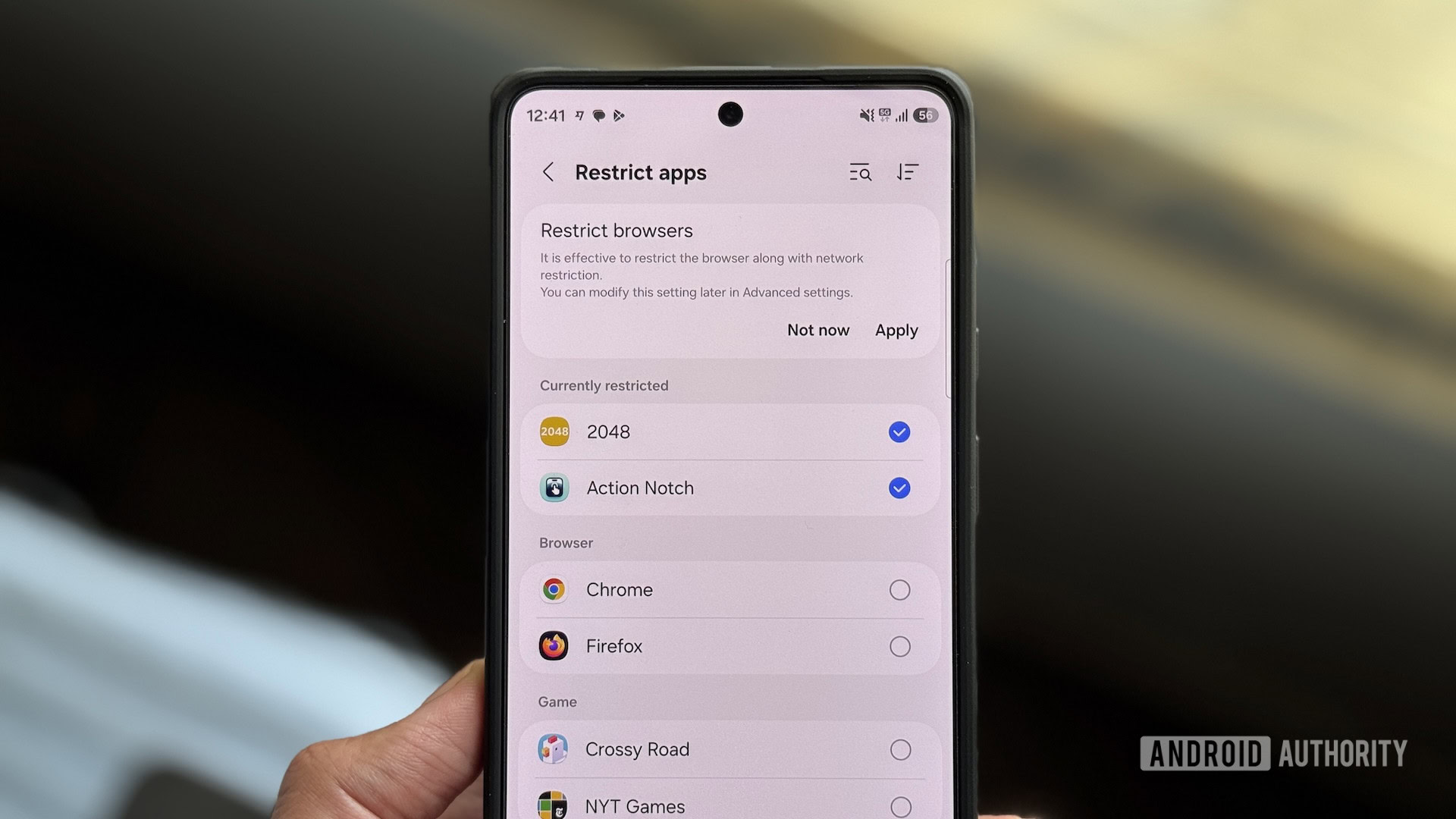 setting up ai network guard on a galaxy phone 17 AI Network Guard Restrict apps screen on a Galaxy phone.