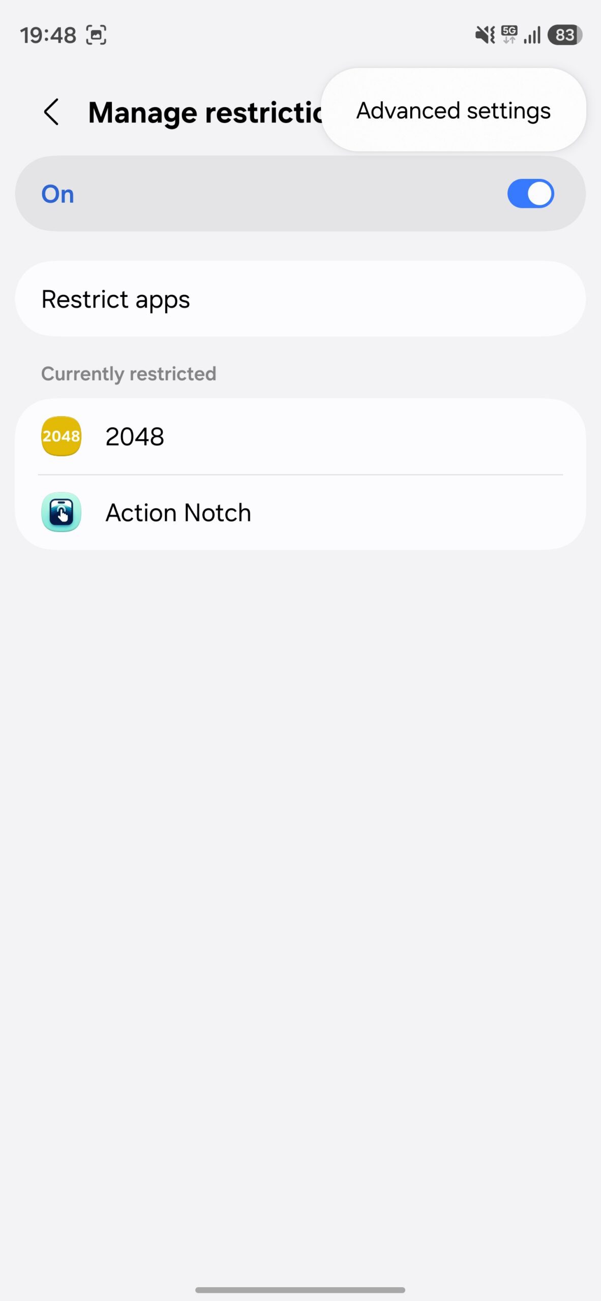 AI Network Guard Manage restrictions page on a Galaxy phone.