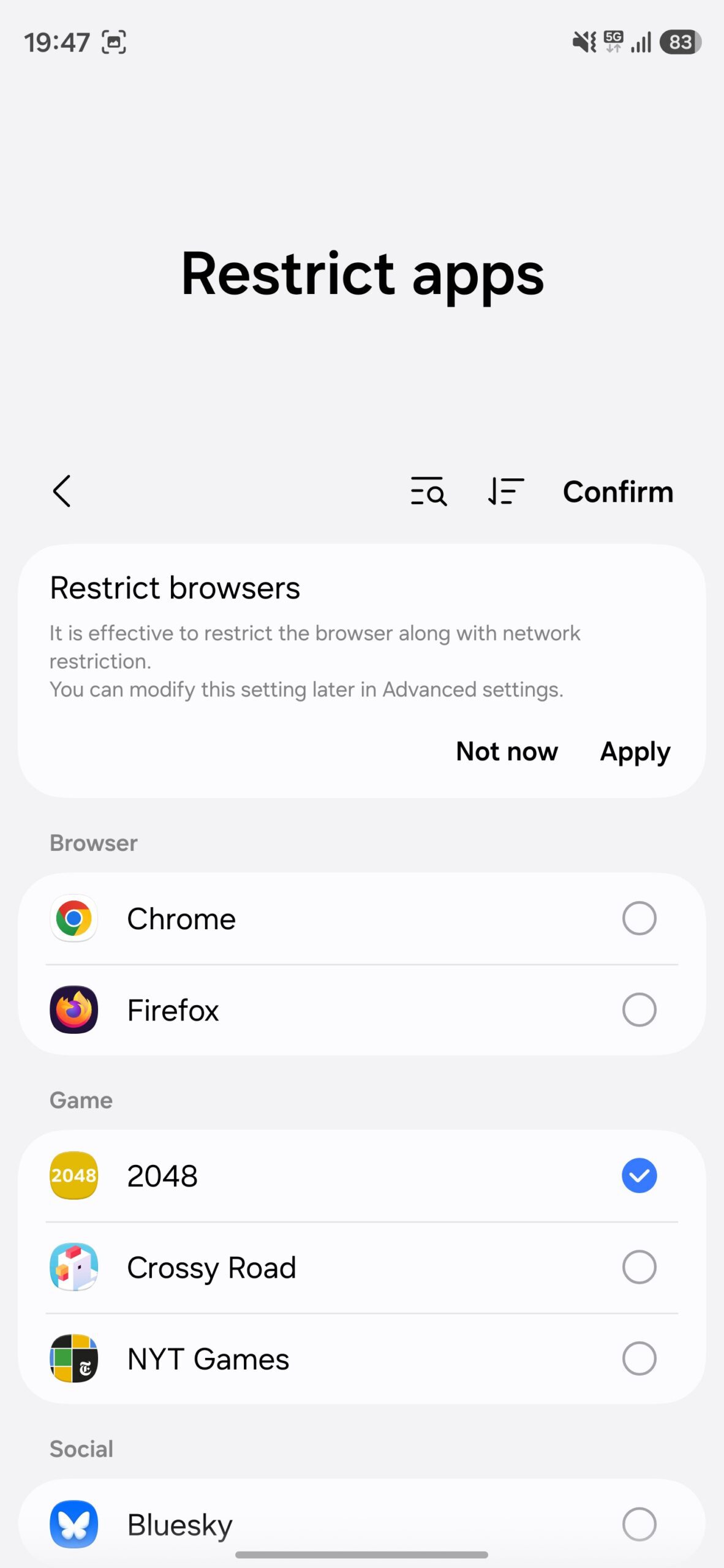 Selecting apps to restrict their internet access on a Galaxy phone.